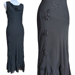 90s Vintage Whimsygoth Black Lace Sequin Mesh Cowl Neck Maxi Dress M Fairycore